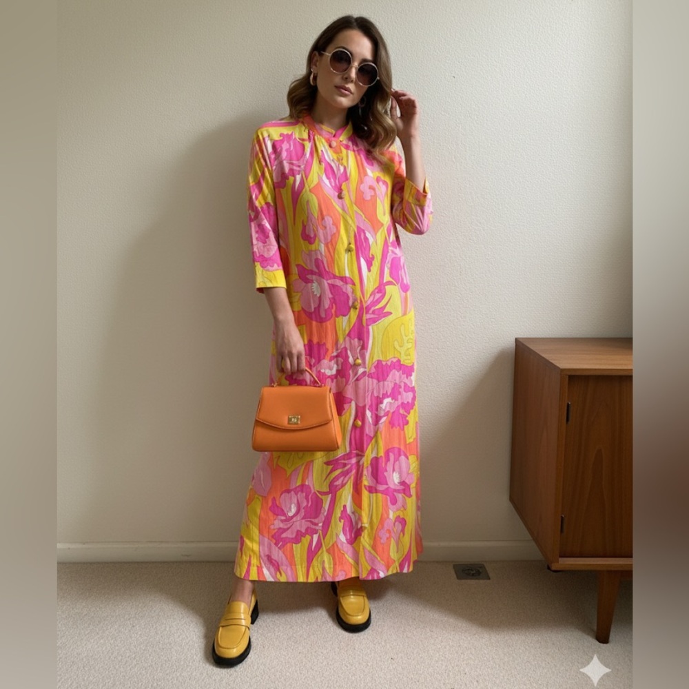 Mario Forte Neon Vintage circa 1960s Nylon‎ Maxi Dress S/M